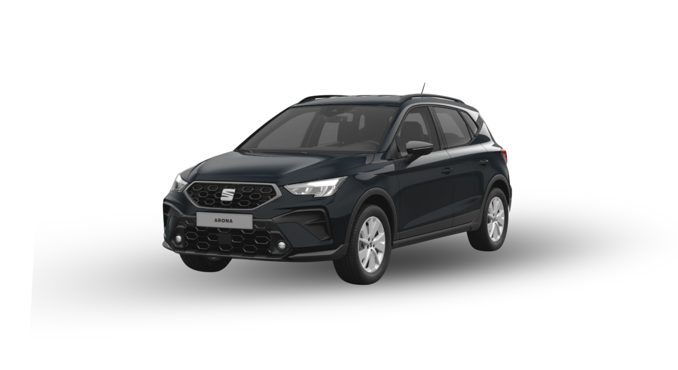 dunkelblauer Seat Arona auf weißem Hintergrund