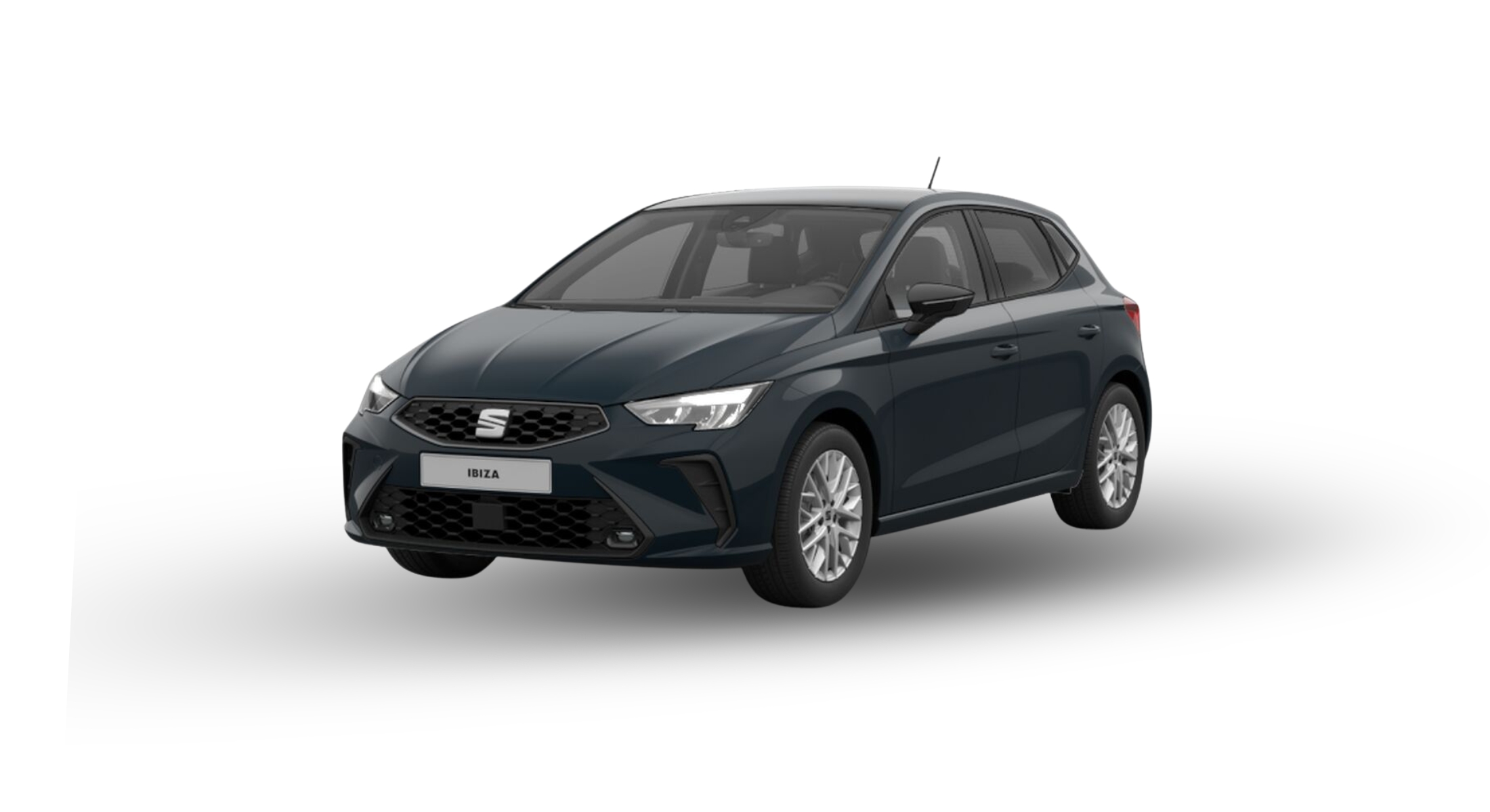 dunkelblauer Seat Ibiza auf weißem Hintergrund