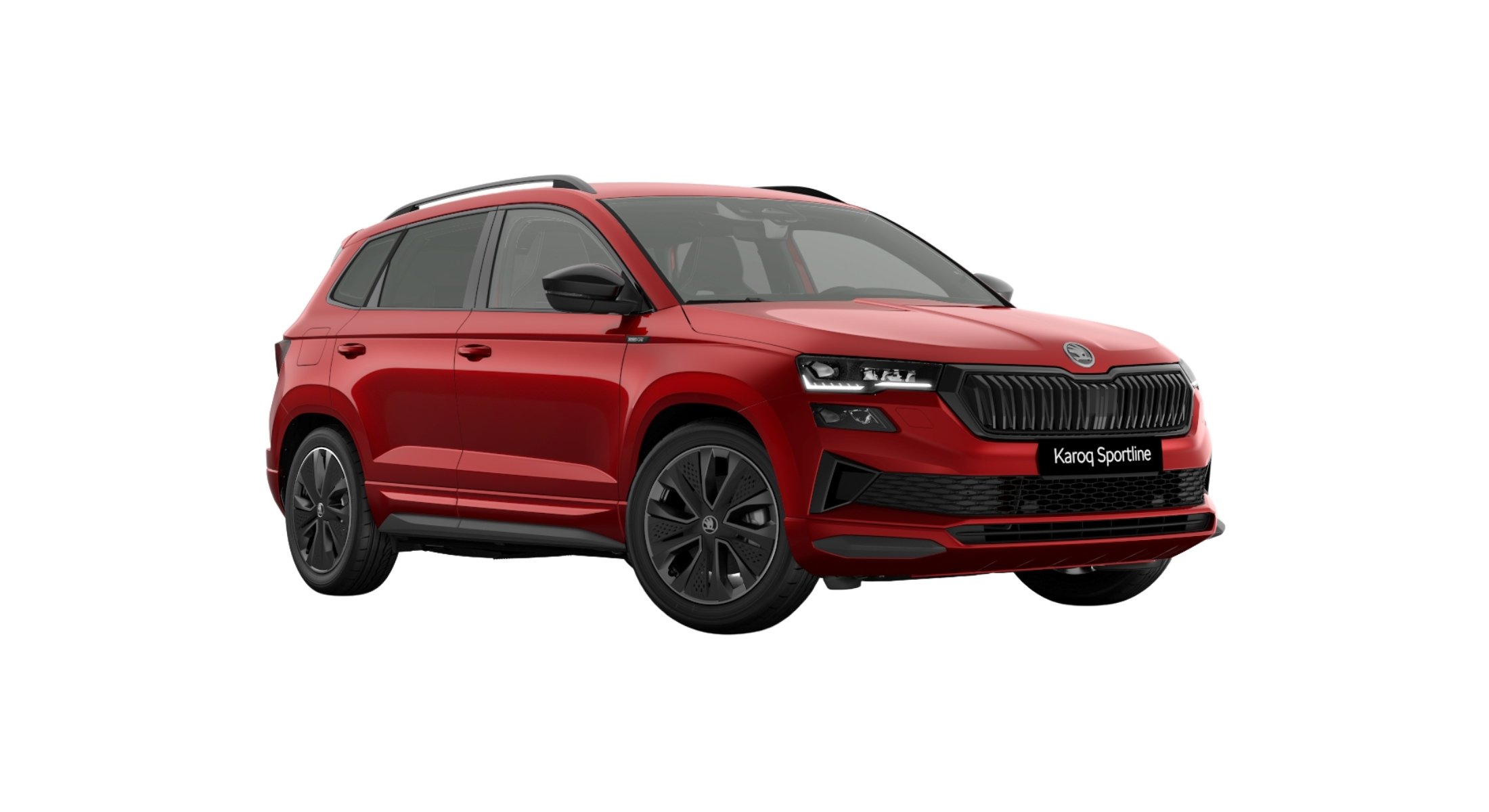 De Skoda Karoq Sportline in der Farbe Velvet-Rot Metallic.